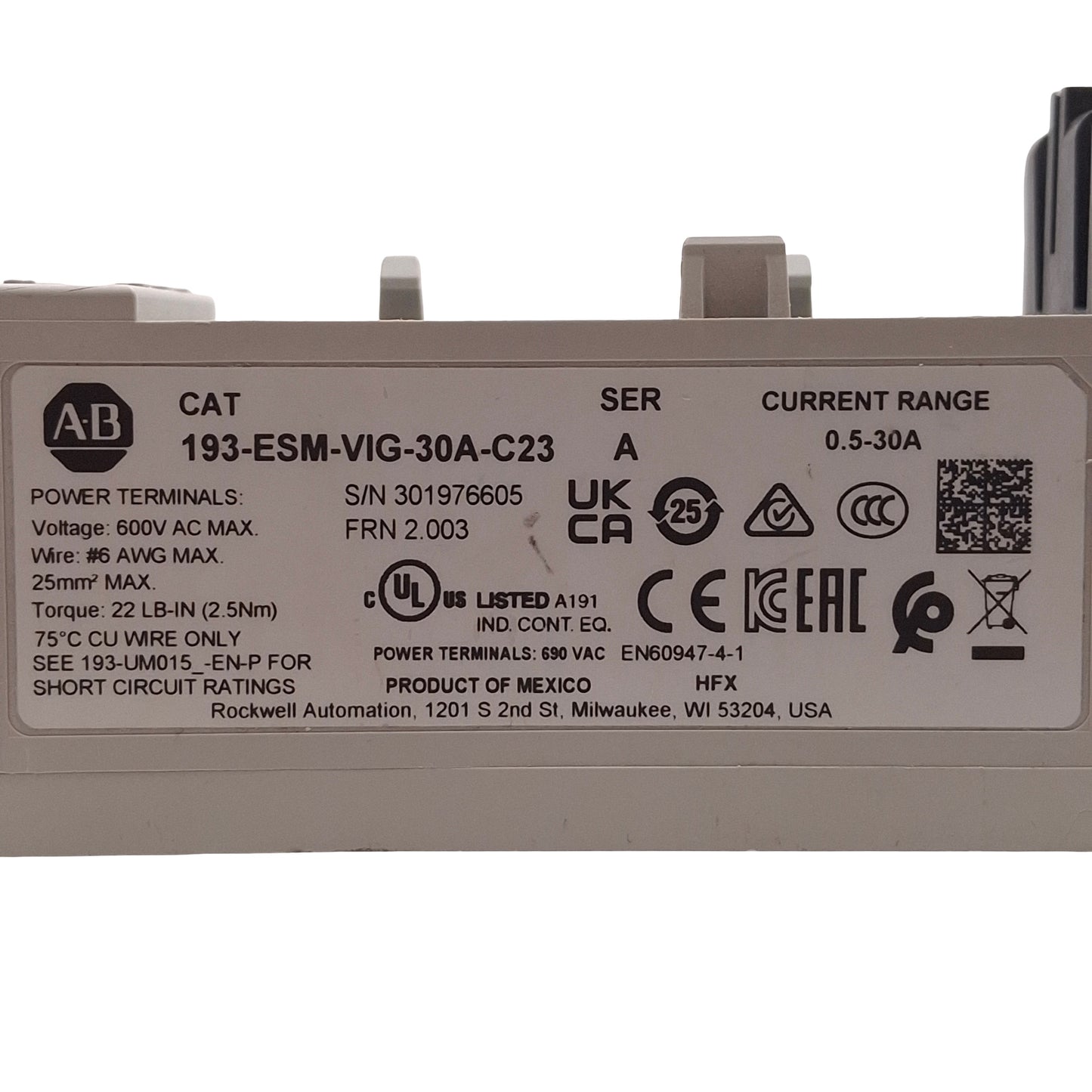 Used Allen Bradley 193-ESM-VIG-30A-C23 Overload Relay Sensing Module, 3-Pole, 0.5-30A
