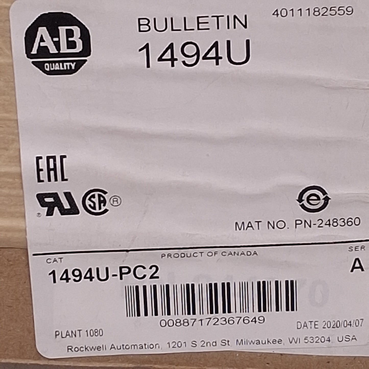 New Allen Bradley 1494U-PC2 Clear Long Protective Cover For 30A-100A Switch, 16in