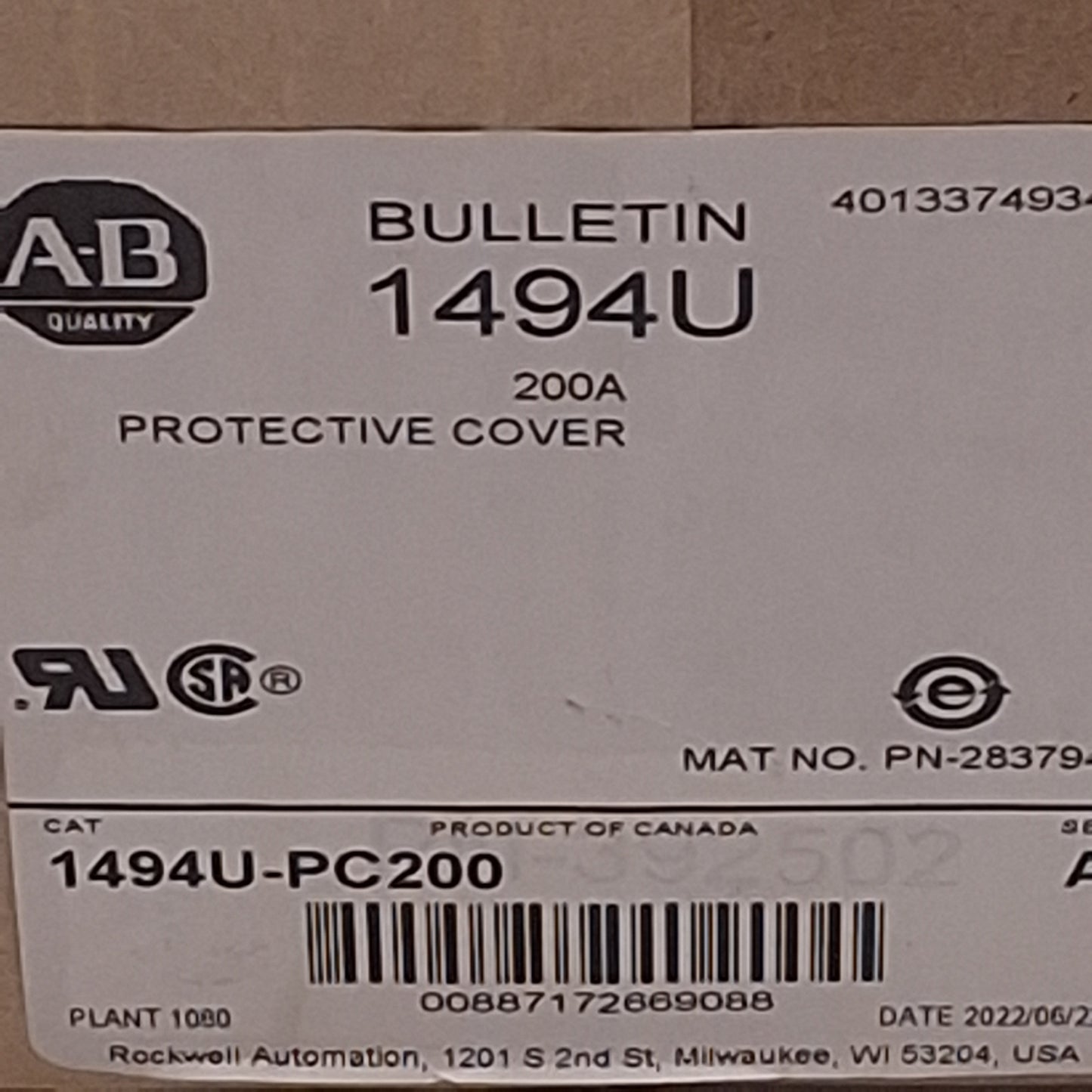 New Allen Bradley 1494U-PC200 Clear Long Protective Cover For 200A Switch Size