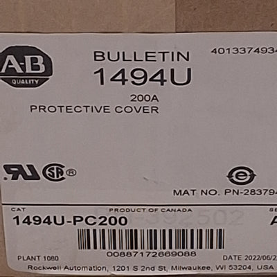 New Allen Bradley 1494U-PC200 Clear Long Protective Cover For 200A Switch Size