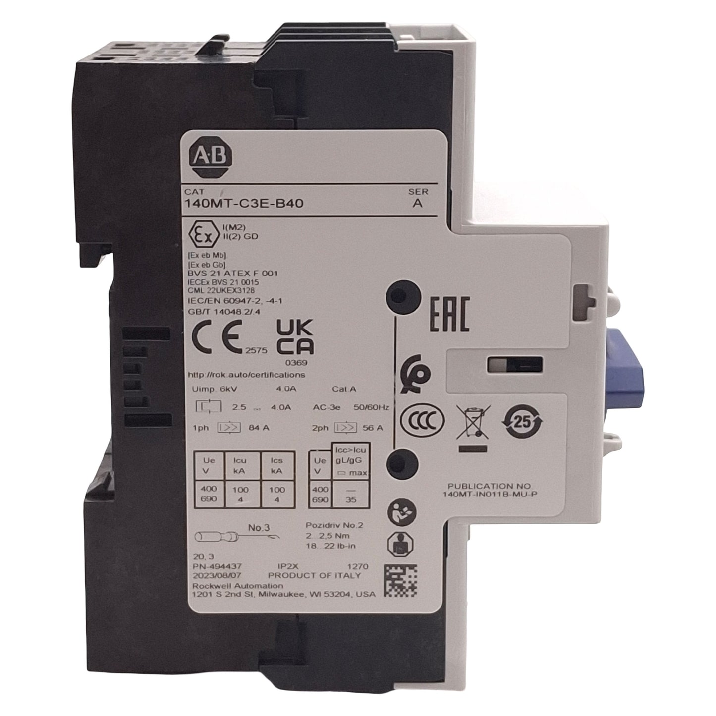 Used Allen Bradley 140MT-C3E-B40 Motor Protection Circuit Breaker, 3-Pole, 2.5-4.0A