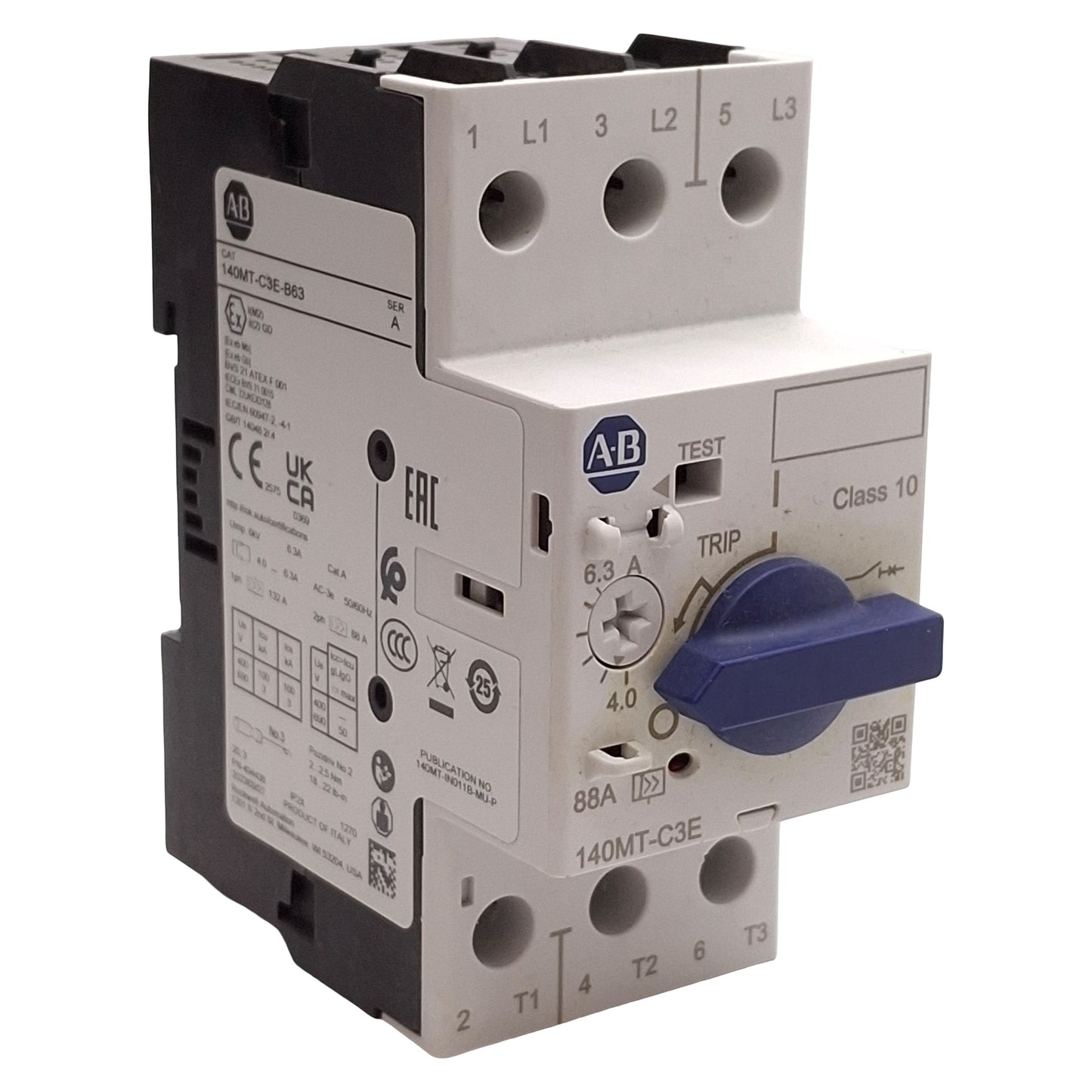 Used Allen Bradley 140MT-C3E-B63 Motor Protection Circuit Breaker, 3-Pole, 4.0-6.3A