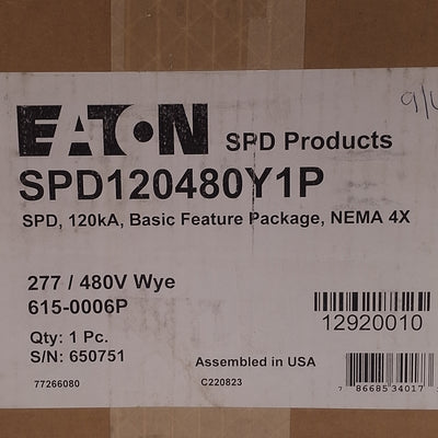 New Eaton SPD120480Y1P Surge Protection Device 120kA, 277/480VAC 3P wye, NEMA 4X