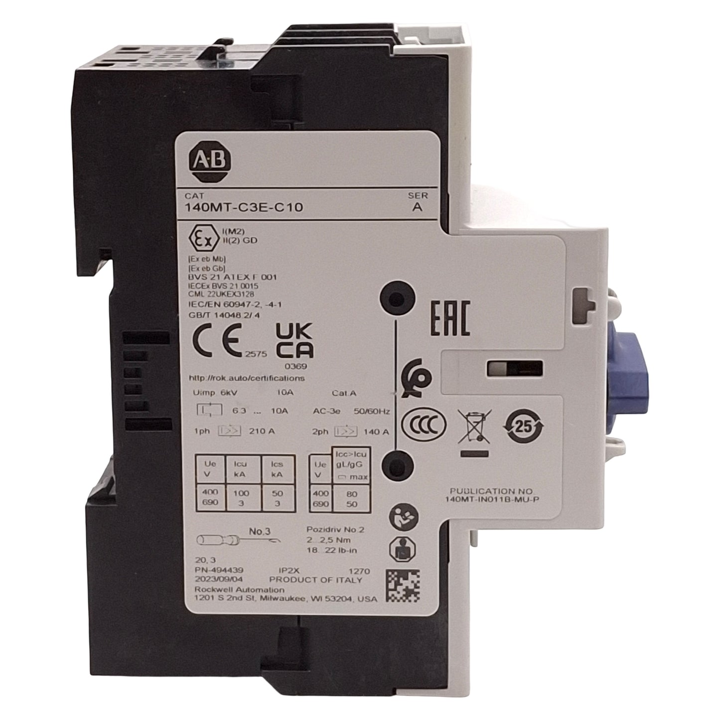 Used Allen Bradley 140MT-C3E-C10 Motor Protection Circuit Breaker, 3-Pole, 6.3-10A