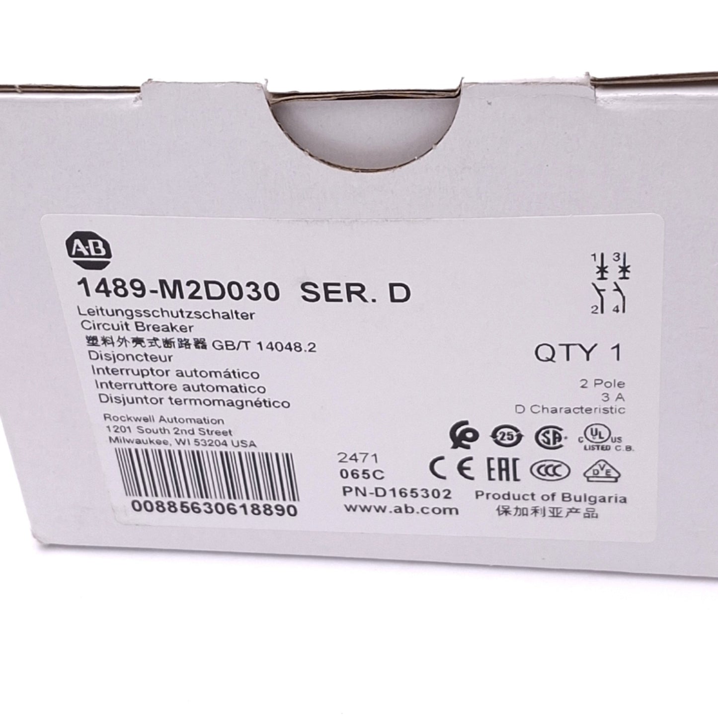 New Allen Bradley 1489-M2D030 Circuit Breaker, 2-Pole 3A, 480Y/277VAC, D-Curve