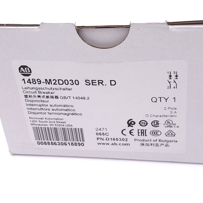 New Allen Bradley 1489-M2D030 Circuit Breaker, 2-Pole 3A, 480Y/277VAC, D-Curve