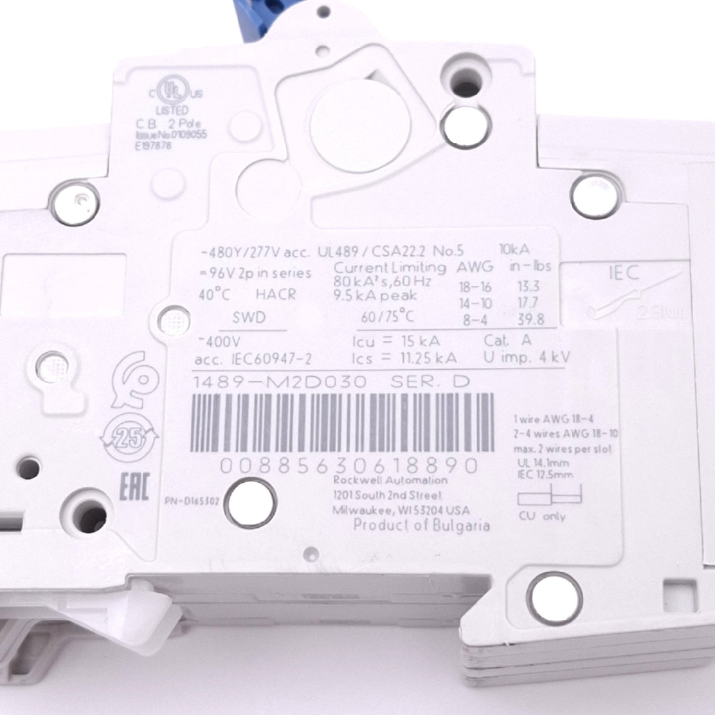 New Allen Bradley 1489-M2D030 Circuit Breaker, 2-Pole 3A, 480Y/277VAC, D-Curve