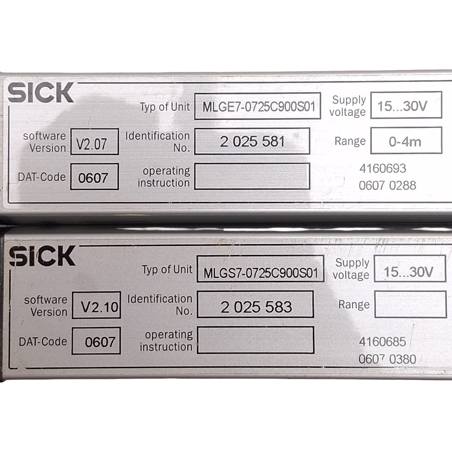Used Sick 2025581 / 2025583 MLG Light Curtain Sender & Receiver 725mm, 0-4m, 15-30VDC