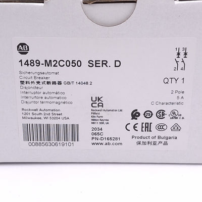 New Allen Bradley 1489-M2C050 Circuit Breaker, 2-Pole 5A, 480Y/277VAC, C-Curve