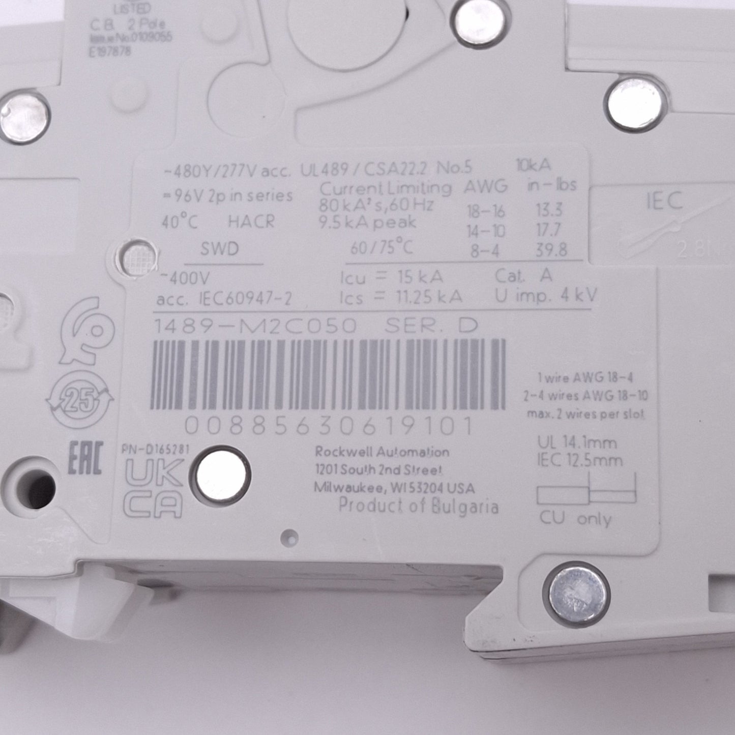 New Allen Bradley 1489-M2C050 Circuit Breaker, 2-Pole 5A, 480Y/277VAC, C-Curve