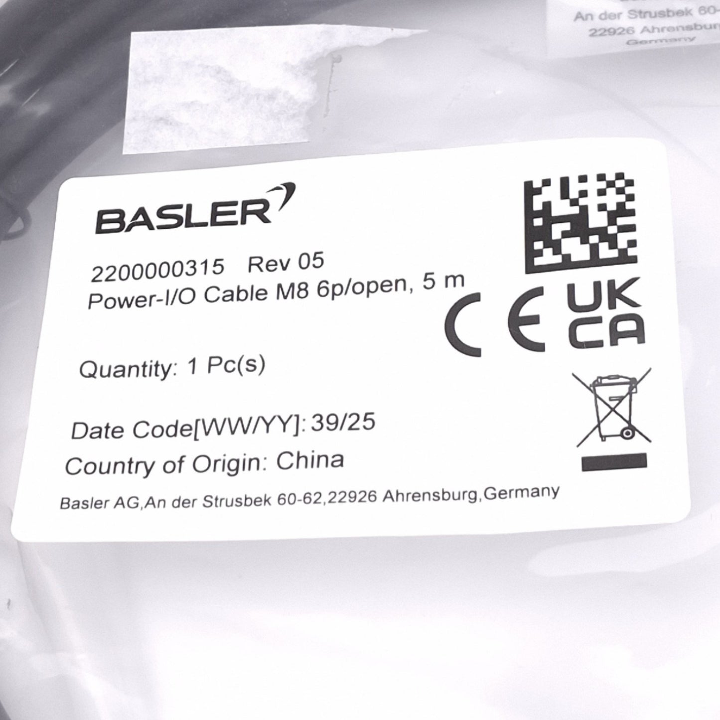 New Basler 2200000315 Power-I/O Cable for Machine Vision Camera, M8 6-Pin, 5m