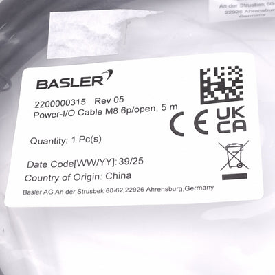 New Basler 2200000315 Power-I/O Cable for Machine Vision Camera, M8 6-Pin, 5m