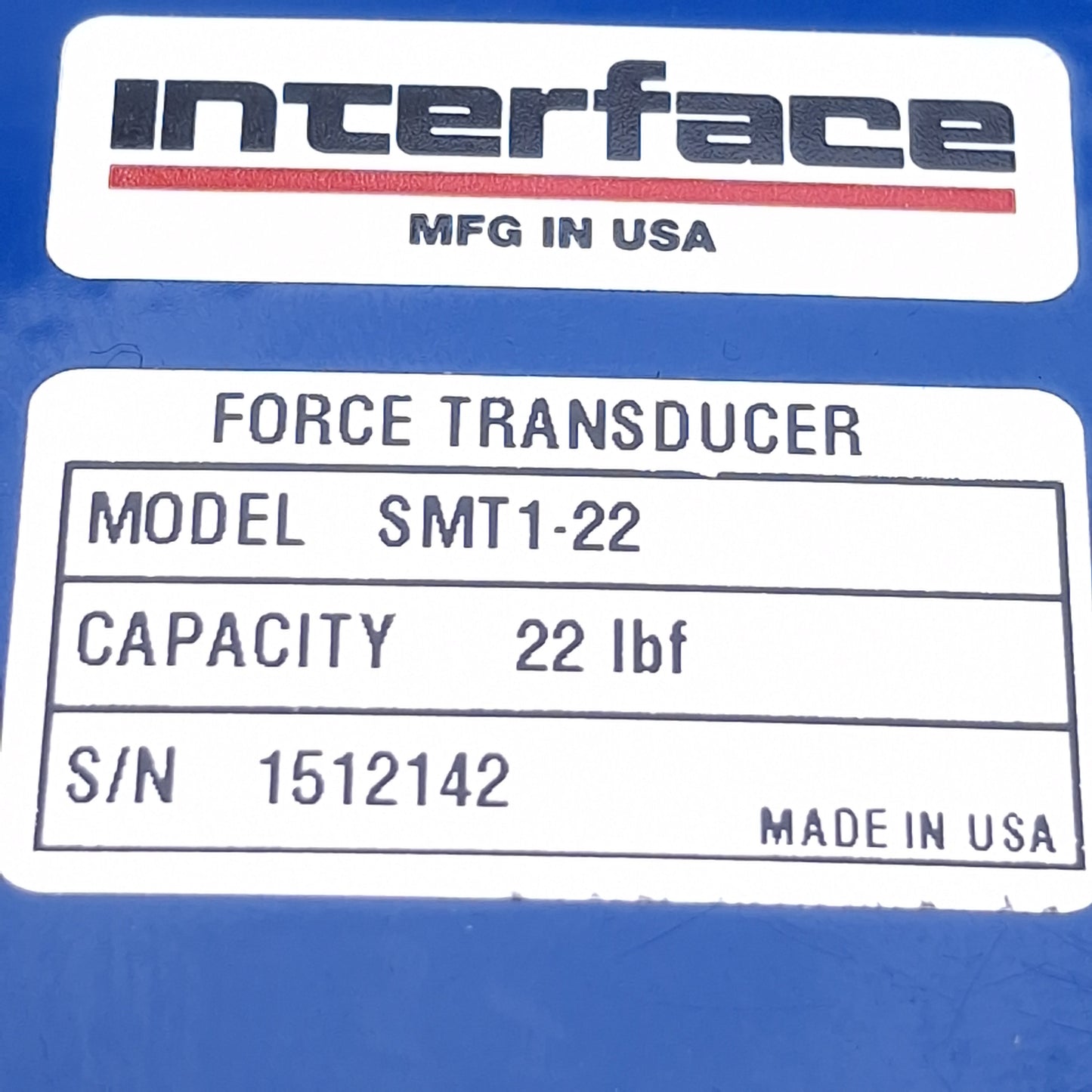 Used Interface SMT1-22 S-Type Load Cell, 1-22lbf , 15VDC, 100N Max, 2.48 x 2.28in
