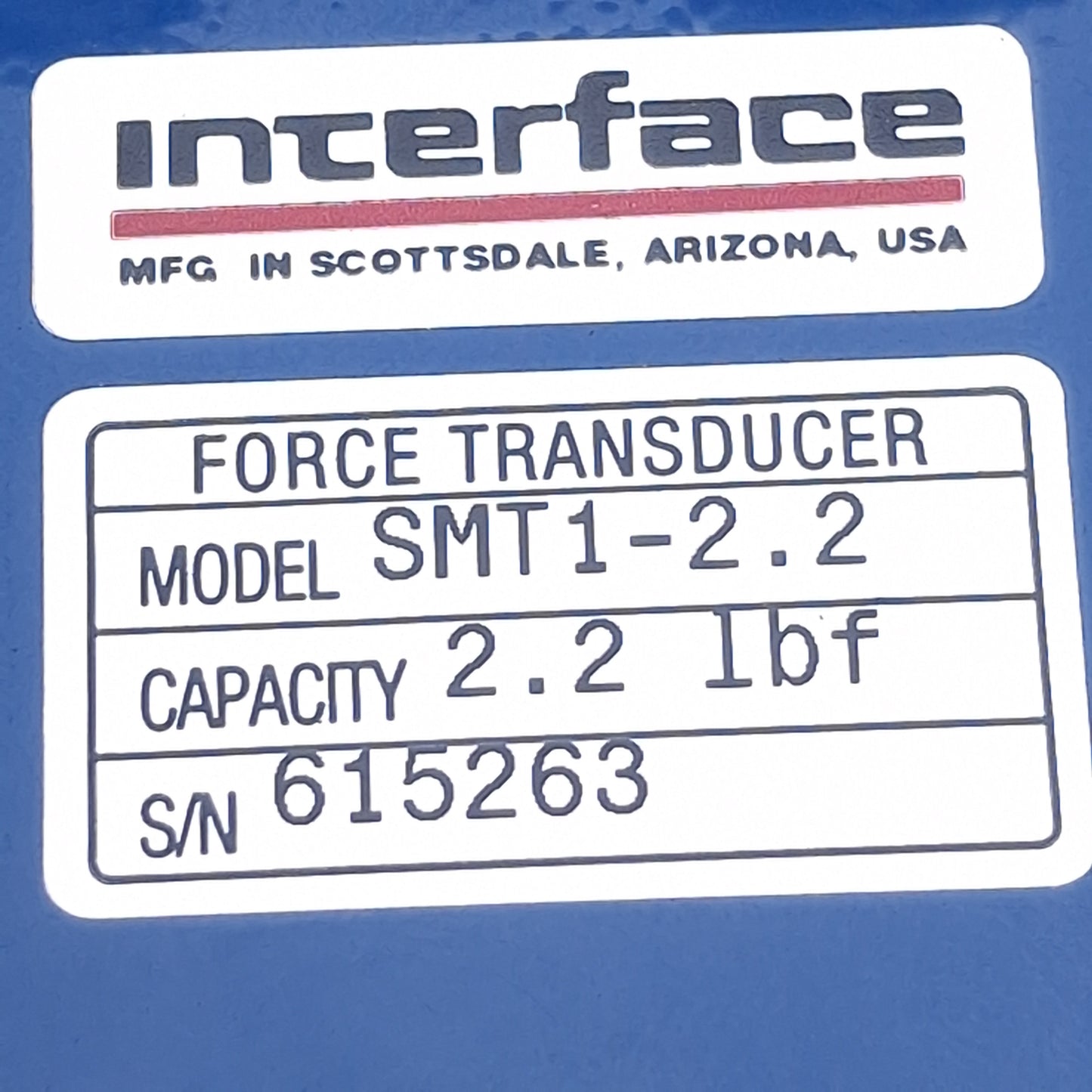Used Interface SMT1-2.2 S-Type Load Cell, 1-2.2lbf , 15VDC, 10N Max, 2.48 x 2.28in