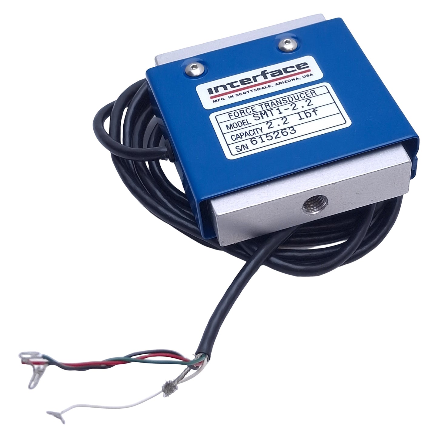 Used Interface SMT1-2.2 S-Type Load Cell, 1-2.2lbf , 15VDC, 10N Max, 2.48 x 2.28in