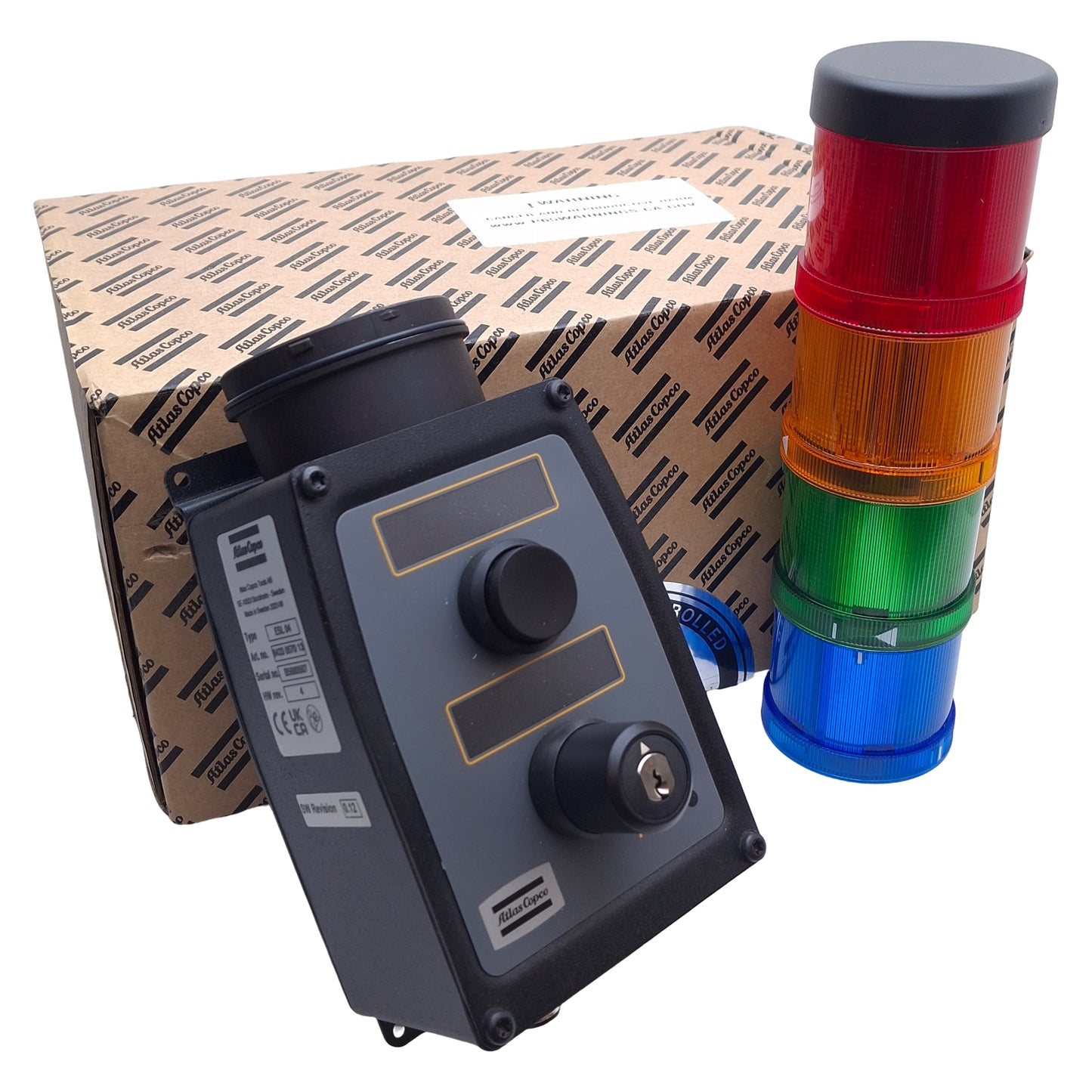 New – Open box Atlas Copco ESL-04 Standard Stacklight Module, Green/Blue/Yellow/Red *No Key*