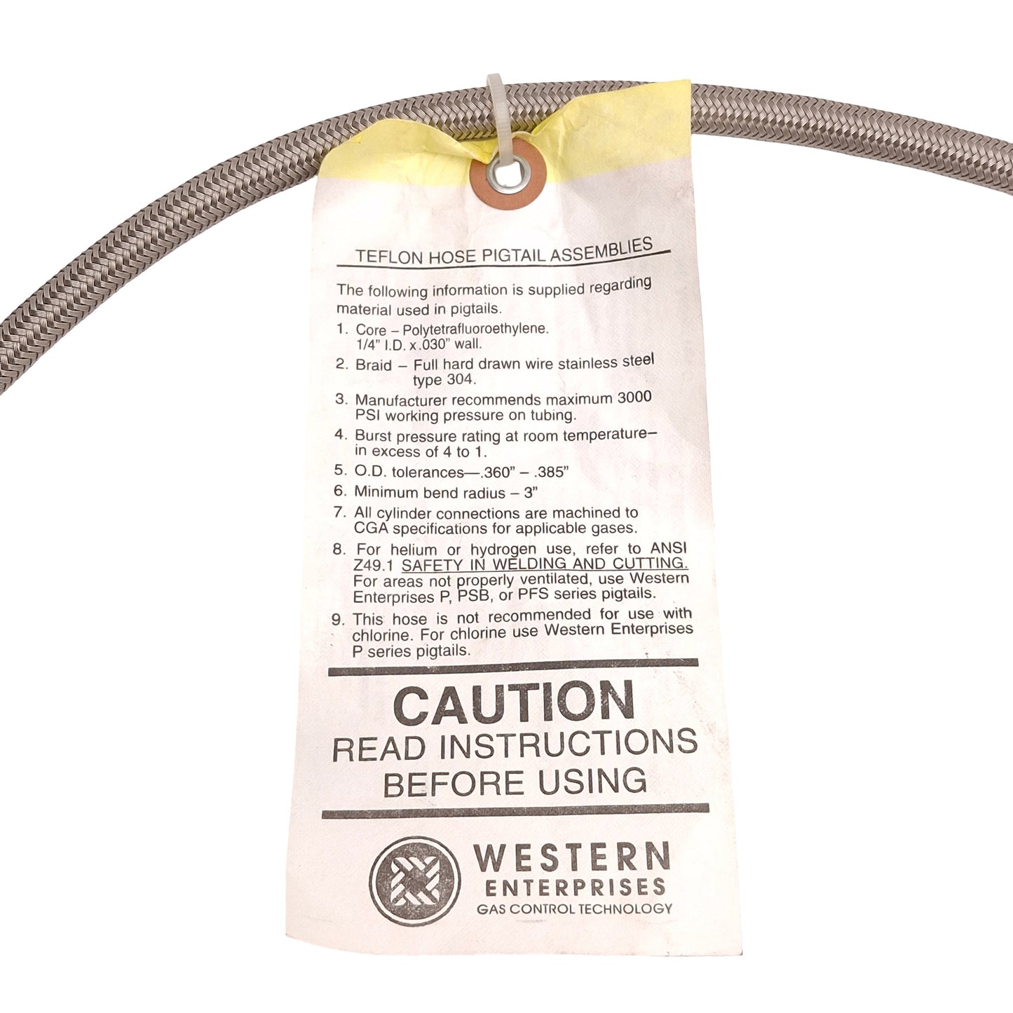 Used Western Enterprises PF2-4-36 Teflon Hose Pigtail Assembly, SS304, 1/4NPT, 36in