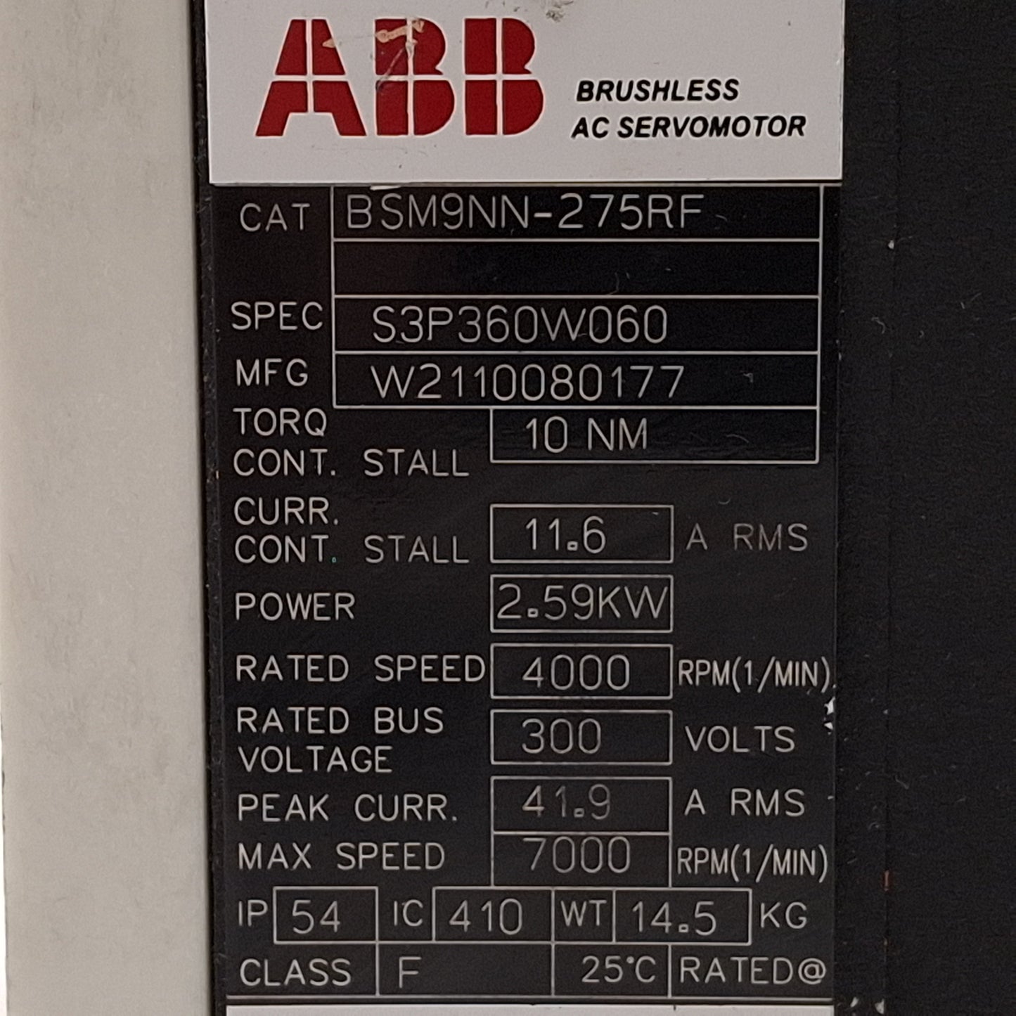 Used ABB BSM9NN-275RF AC Servo Motor, 2.59kW, 300VDC Bus, 4000rpm, 10Nm, NEMA 56