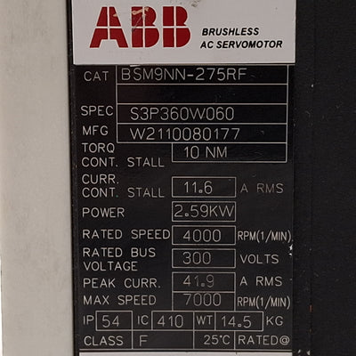 Used ABB BSM9NN-275RF AC Servo Motor, 2.59kW, 300VDC Bus, 4000rpm, 10Nm, NEMA 56