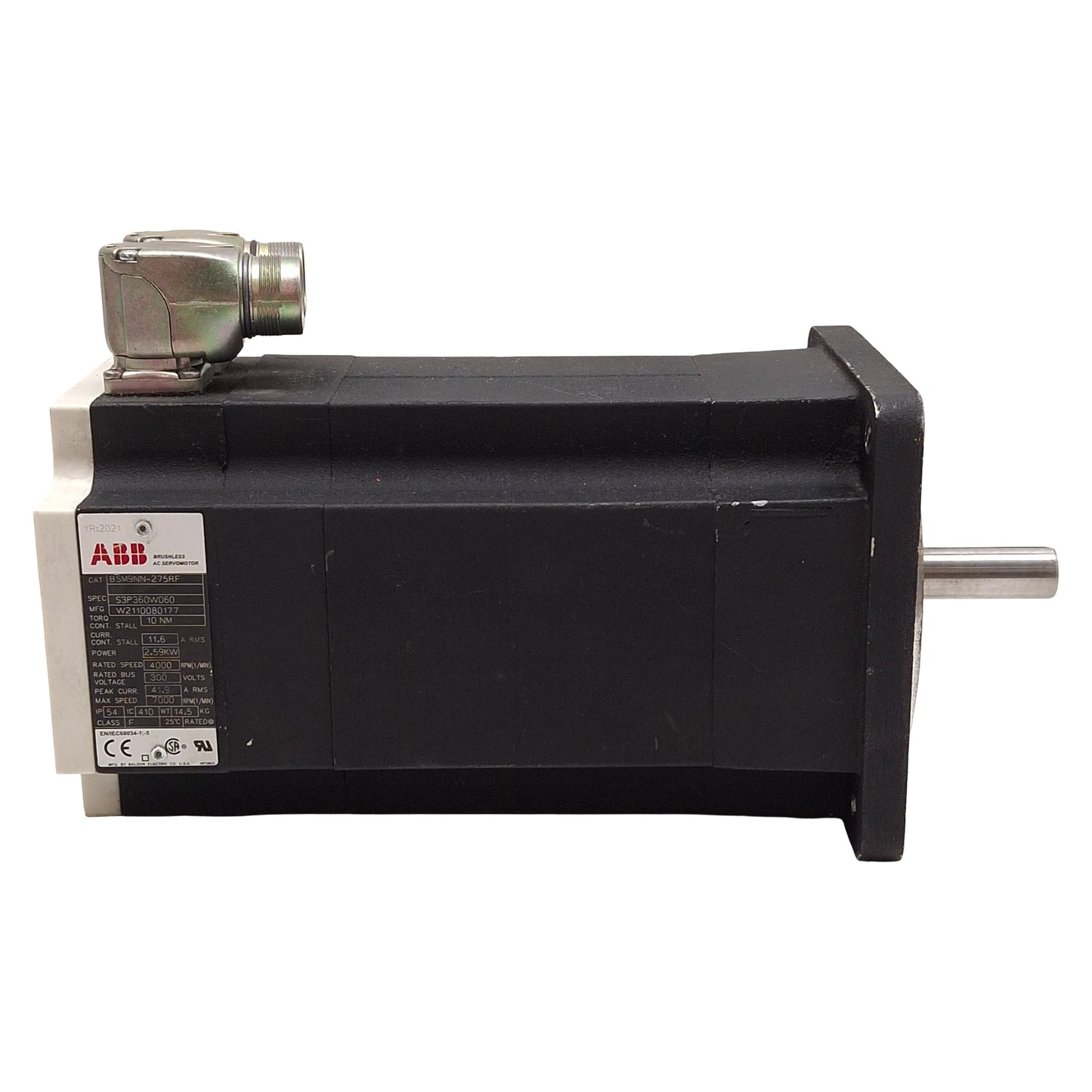 Used ABB BSM9NN-275RF AC Servo Motor, 2.59kW, 300VDC Bus, 4000rpm, 10Nm, NEMA 56
