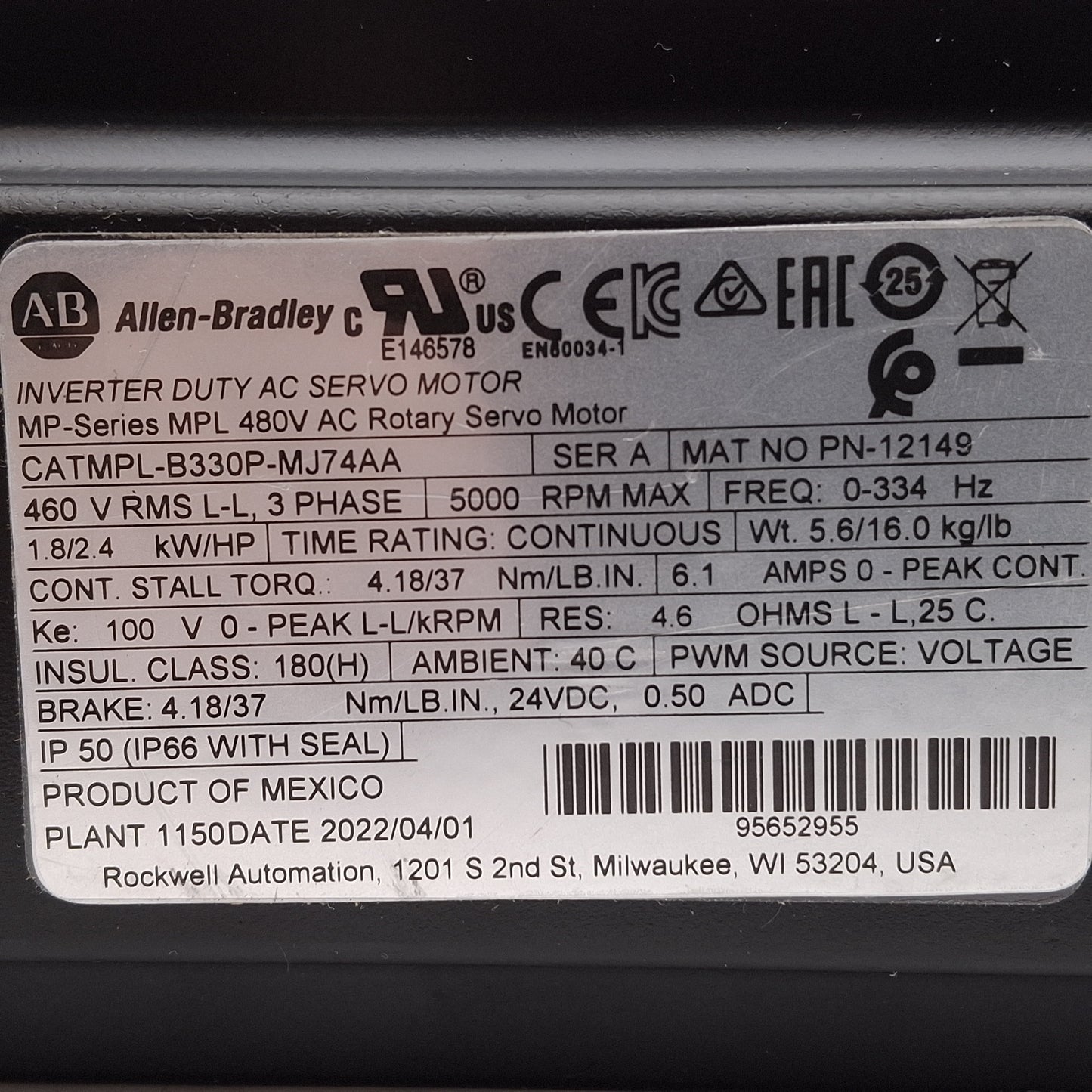 Used Allen Bradley MPL-B330P-MJ74AA Servo Motor, 1.8kW/2HP, 3Ø 460VAC 6.1A, NEMA 34