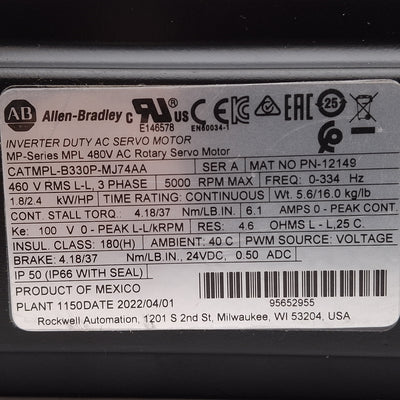 Used Allen Bradley MPL-B330P-MJ74AA Servo Motor, 1.8kW/2HP, 3Ø 460VAC 6.1A, NEMA 34