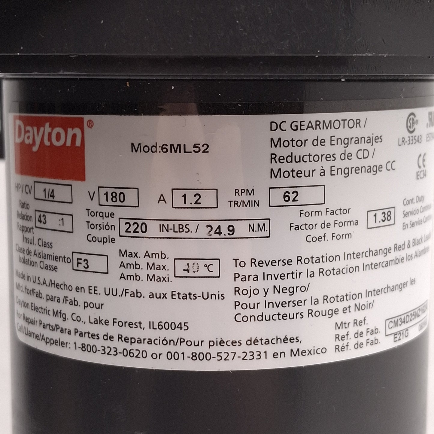 Used Dayton 6ML52 DC Gearmotor, 43:1, 1/4HP, 180VDC, 62rpm, 220in-lbs, ø3/4in Shaft