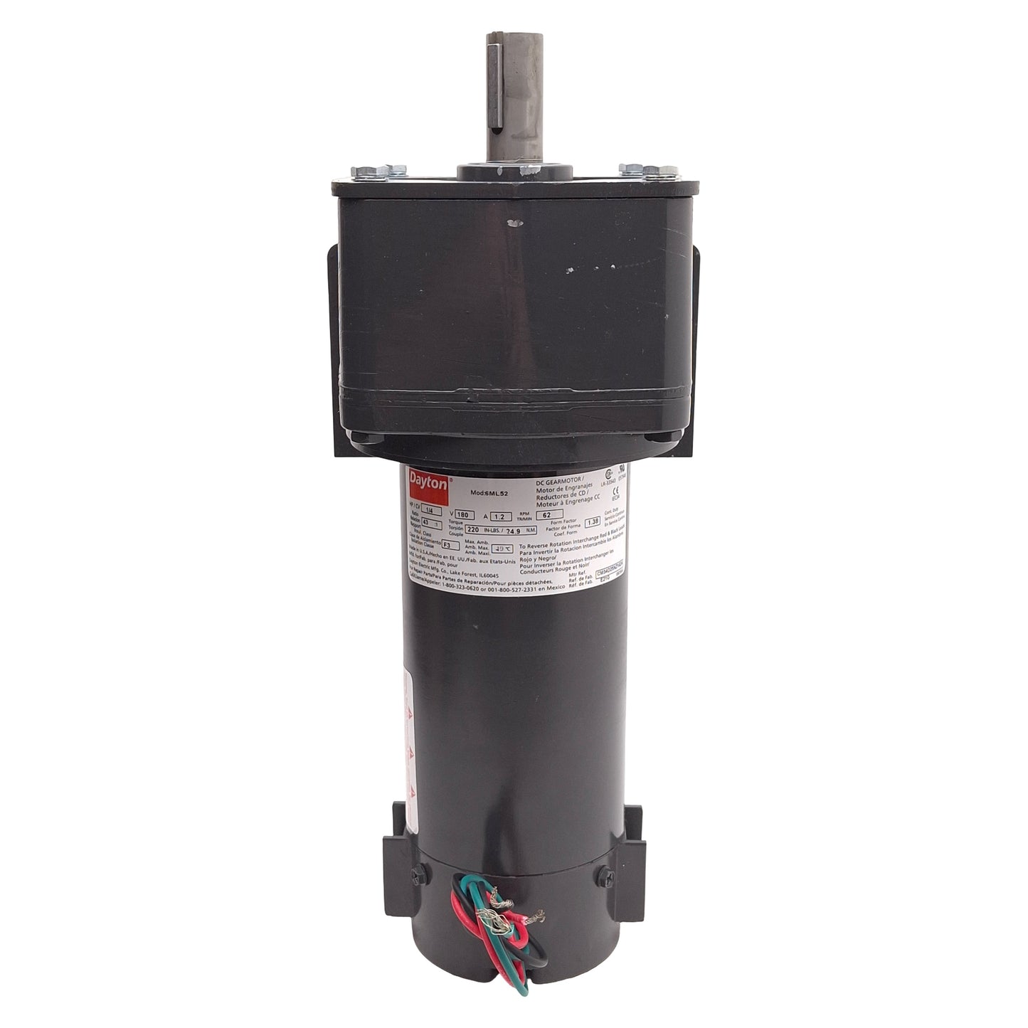 Used Dayton 6ML52 DC Gearmotor, 43:1, 1/4HP, 180VDC, 62rpm, 220in-lbs, ø3/4in Shaft