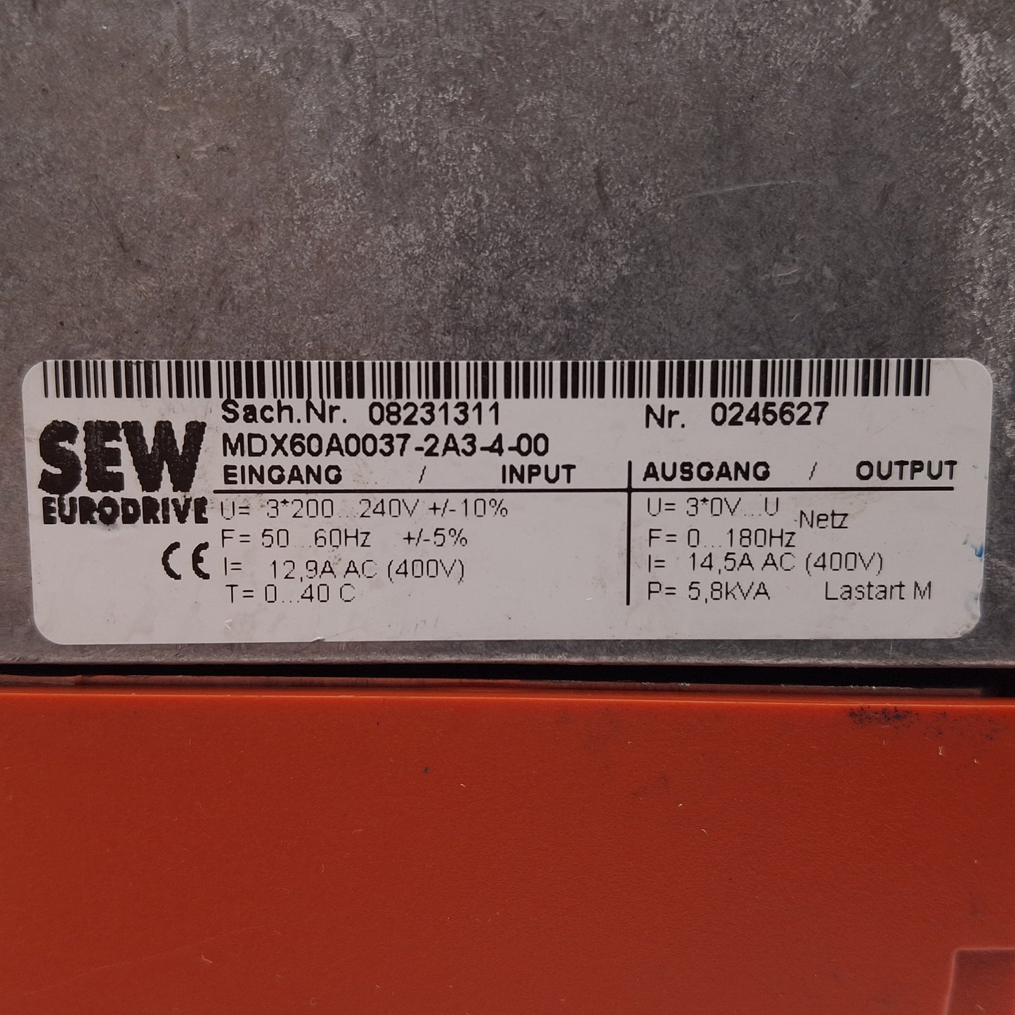 Used SEW Eurodrive MDX60A0037-2A3-4-00 MC07A MOVIDRIVE AC Drive 3.7kW 3Ø 240VAC 180Hz