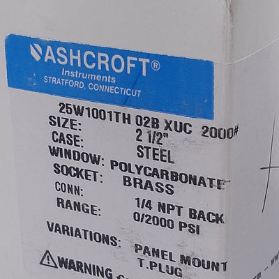 New Ashcroft 25W1001TH02BXUC2000# Pneumatic Pressure Gauge, 0-2000psi Range, 2-1/2in