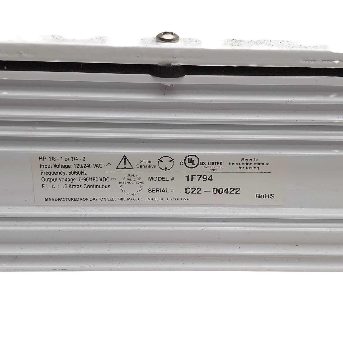 Used Dayton 1F794 Enclosed DC Speed Control 120/240VAC Supply, 0-90/180VDC 10A Output
