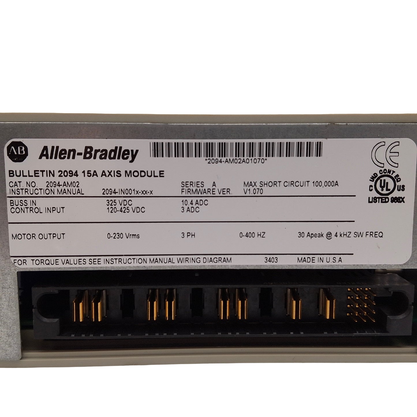 Used Allen Bradley 2094-AM02 Kinetix 6000 Multi-Axis Servo Drive, 3.4kW, 3Ø 230VAC