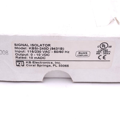 New KB Electronics KBSI-240D Signal Isolator, 115/230VAC In, 0-10VDC Out, 10mA Max