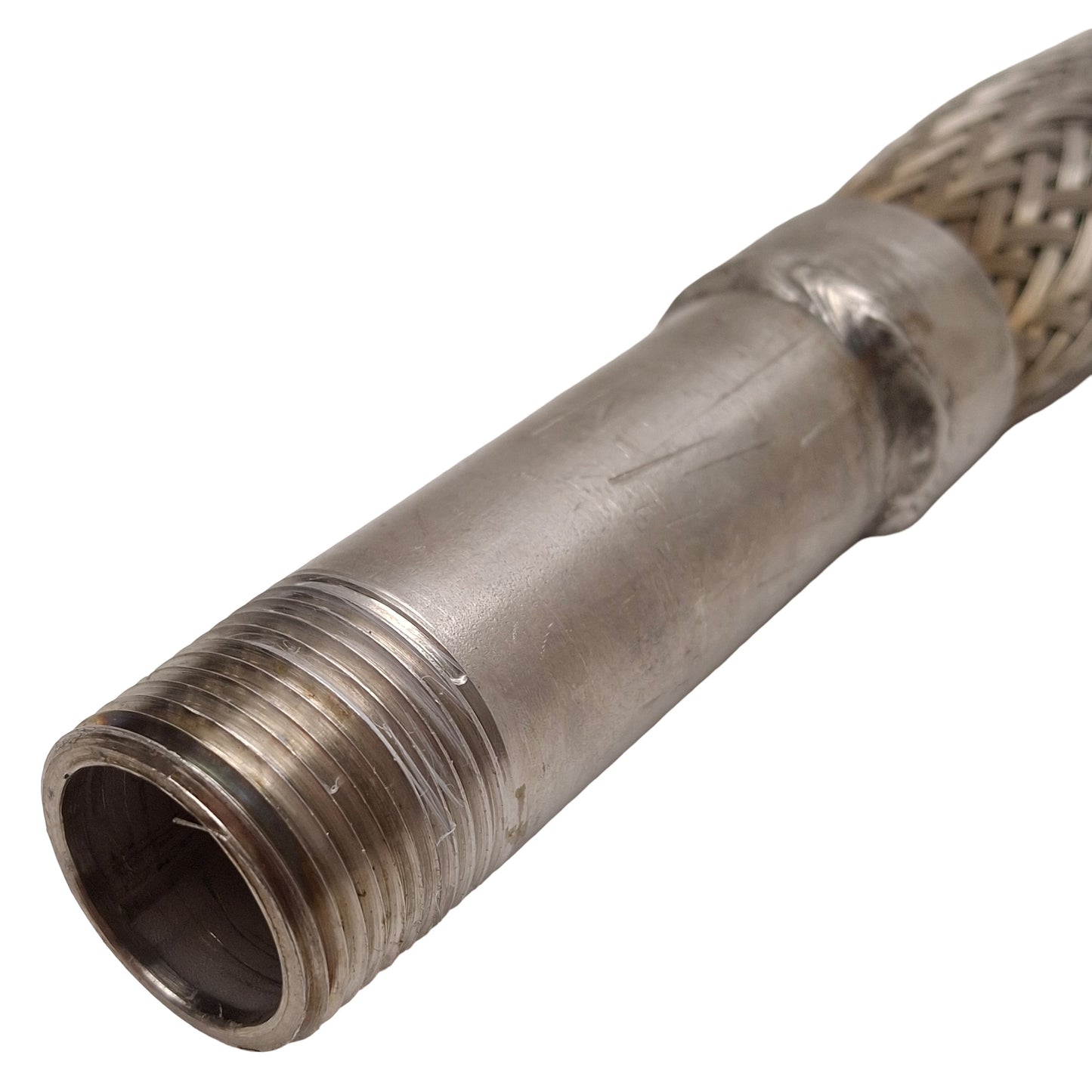 Used Stainless Steel Braided Hose, 3/4in NPT Male, 28in Braided, 36in Overall Length