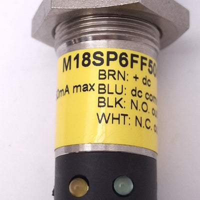 Used Banner M18SP6FF50Q Photoelectric Sensor, 50mm Range, 10-30VDC, PNP, M12 4-Pin