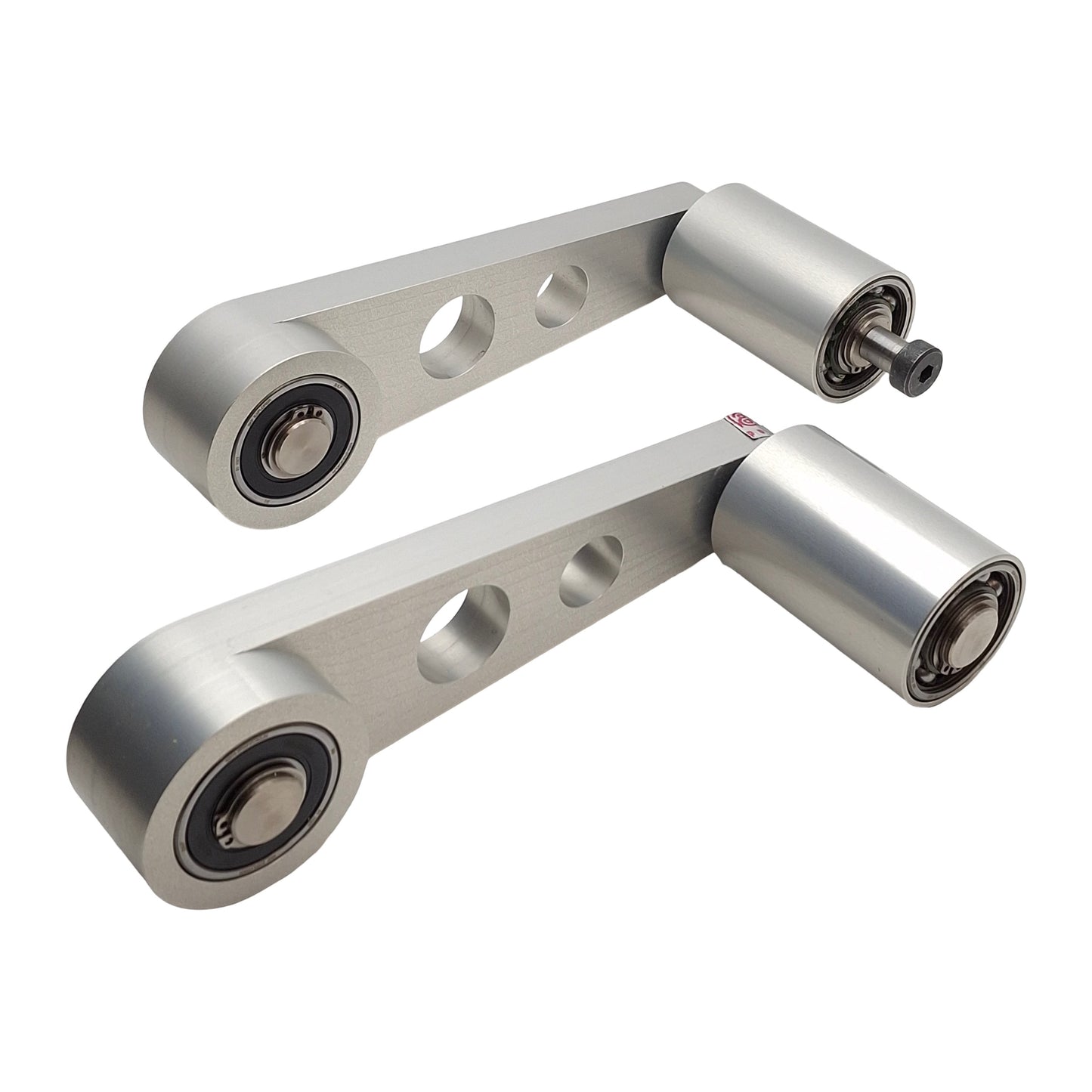 Used Custom Aluminum Conveyor Tension Arm Pair (L/R), 8in C2C, ø2in Rollers, 3/8-16