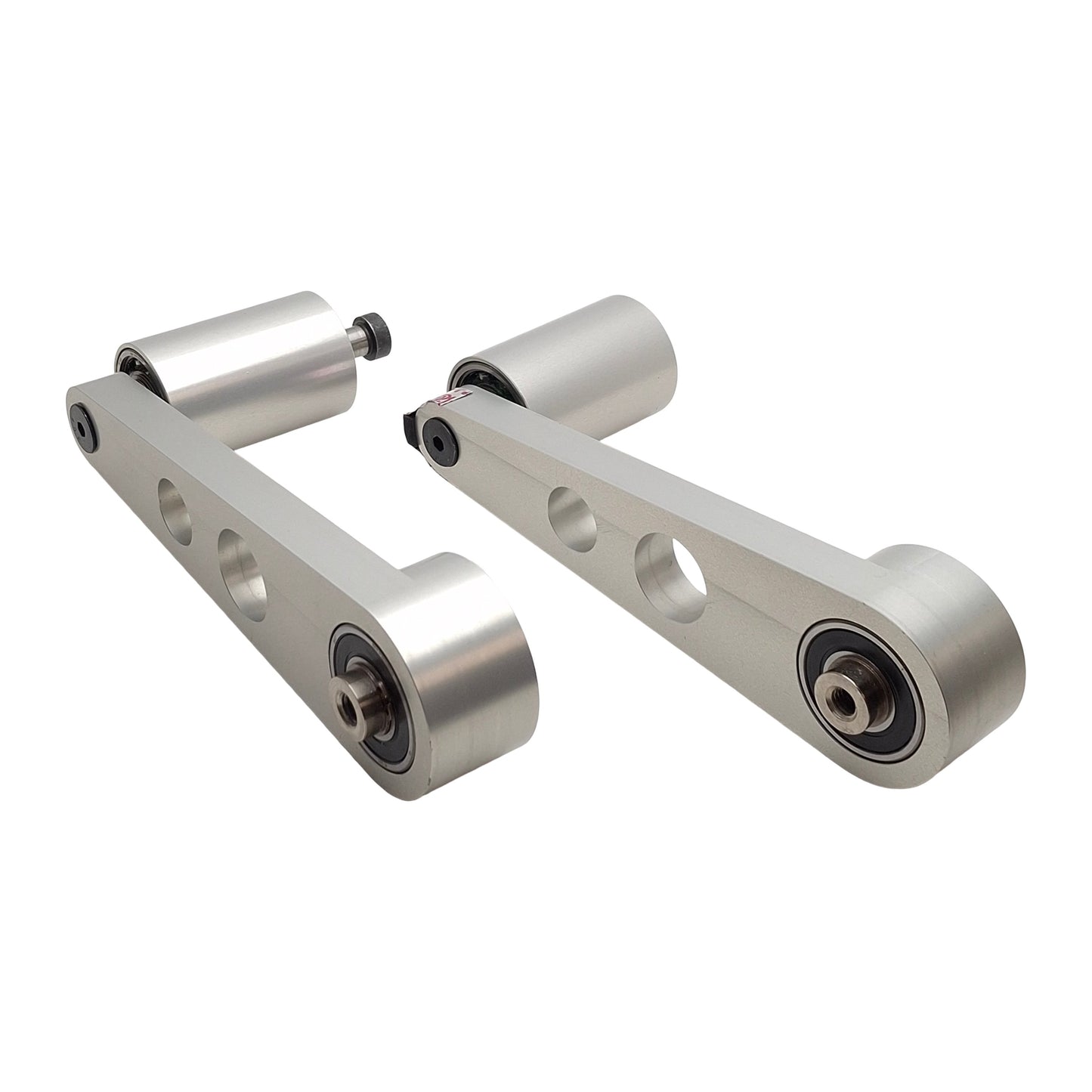Used Custom Aluminum Conveyor Tension Arm Pair (L/R), 8in C2C, ø2in Rollers, 3/8-16