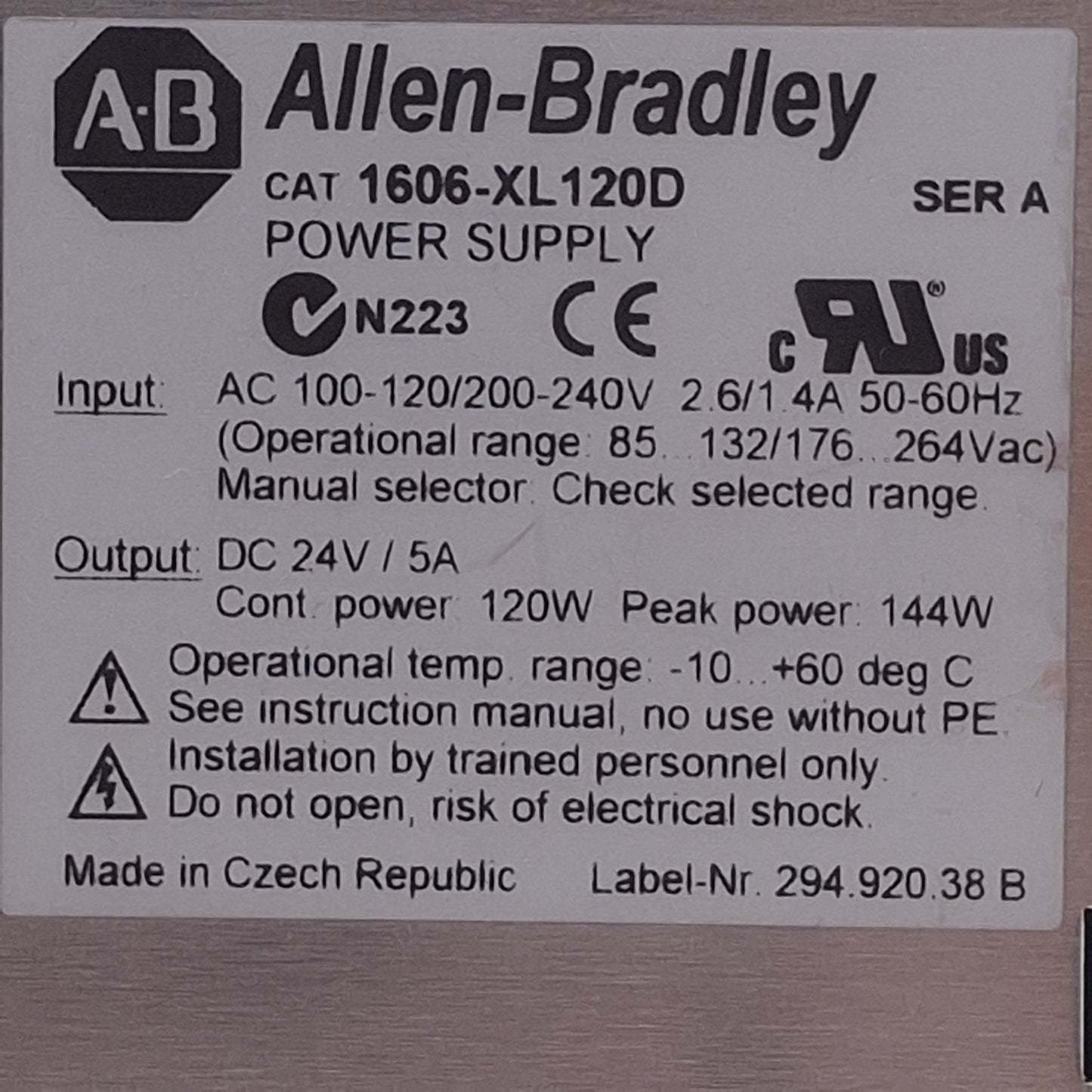 Used Allen Bradley 1606-XL120D PLC Power Supply 100-120/200-240VAC In, 24VDC Out 120W