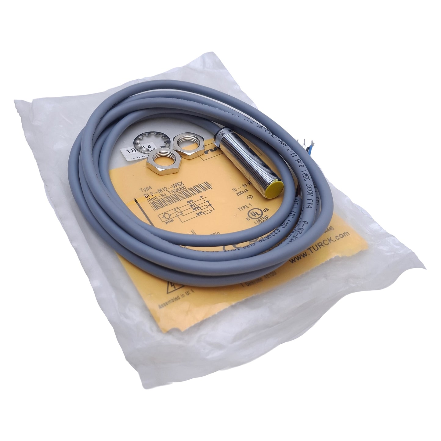 New Turck BI2-M12-VP6X 16302 Inductive Sensor, PNP, 2mm Range, 10-30VDC, 2m Cable