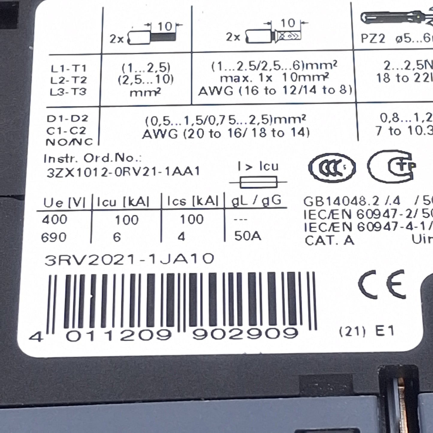 New – Open box Siemens 3RV2021-1JA10 SIRIUS Motor Circuit Breaker, 3-Pole, 7-10A Range, 690VAC