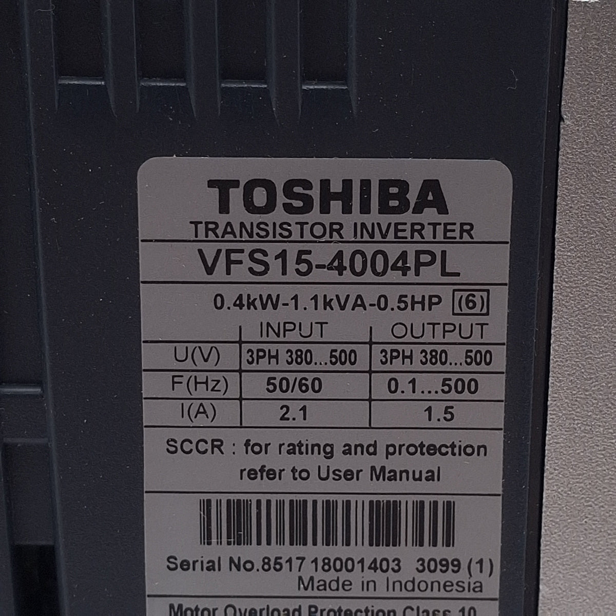 Used Toshiba VFS15-4004PL Transistor Inverter, 0.5HP, 3-Phase 380-500VAC In, 1.5A Out