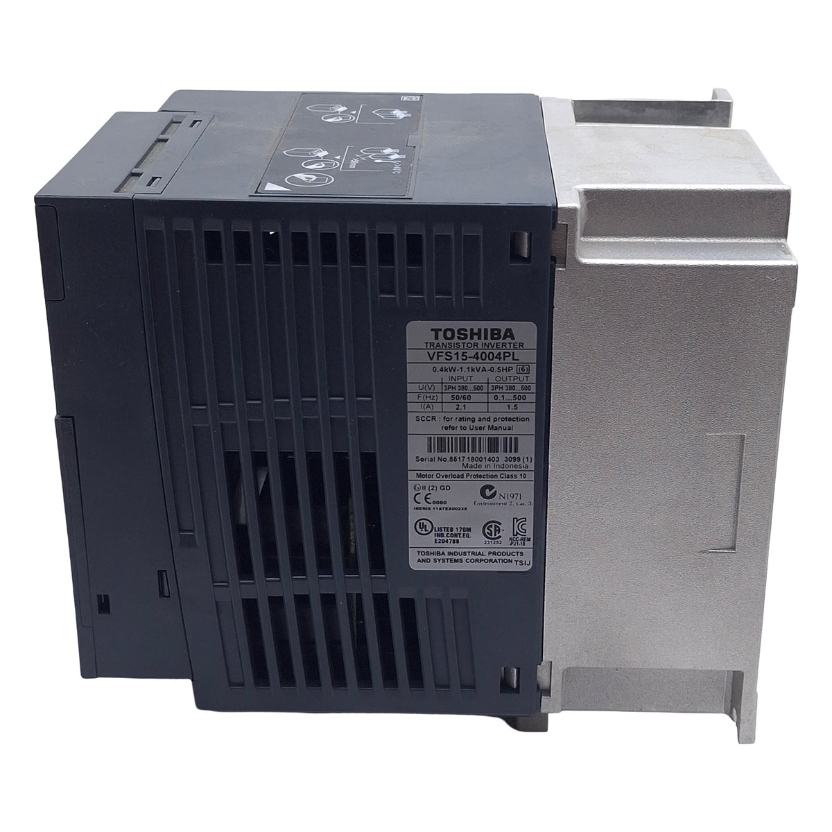 Used Toshiba VFS15-4004PL Transistor Inverter, 0.5HP, 3-Phase 380-500VAC In, 1.5A Out