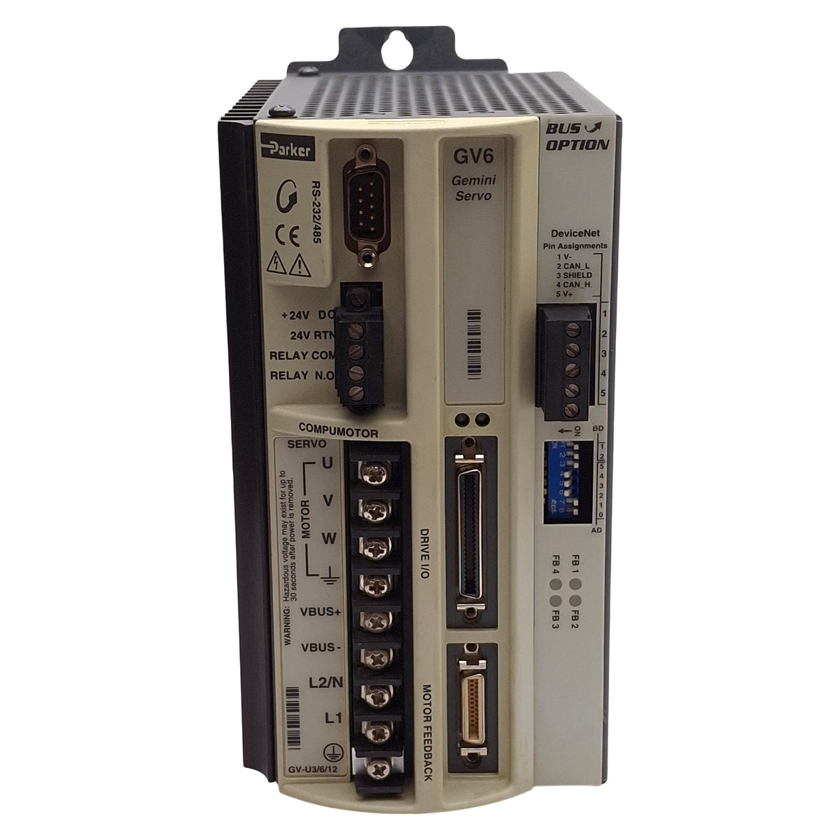 Used Parker GV6-U3E-DN Gemini Servo Drive w/ DeviceNet, 0.9kW, 3A, 120/240VAC Input