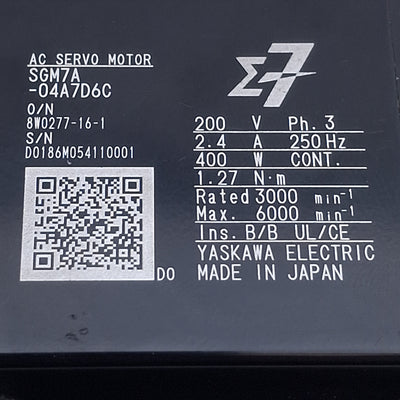 Used Yaskawa SGM7A-04A7D6C Servo Motor, 400W, 3Ø 200VAC 2.4A, 3000rpm, 24VDC Brake