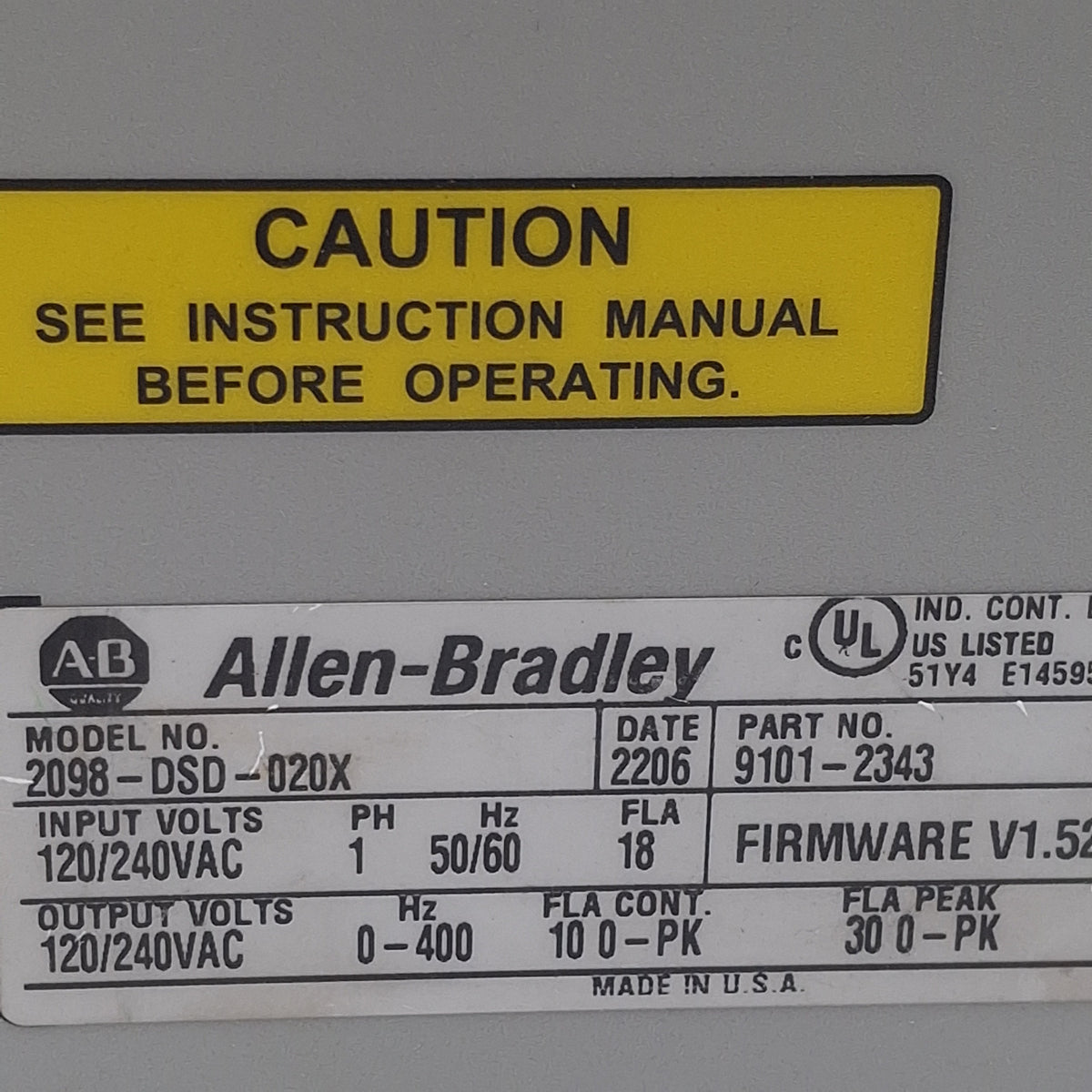 Used Allen Bradley 2098-DSD-020X Ultra3000i Digital Servo Drive, 120/240VAC, 2kW Max