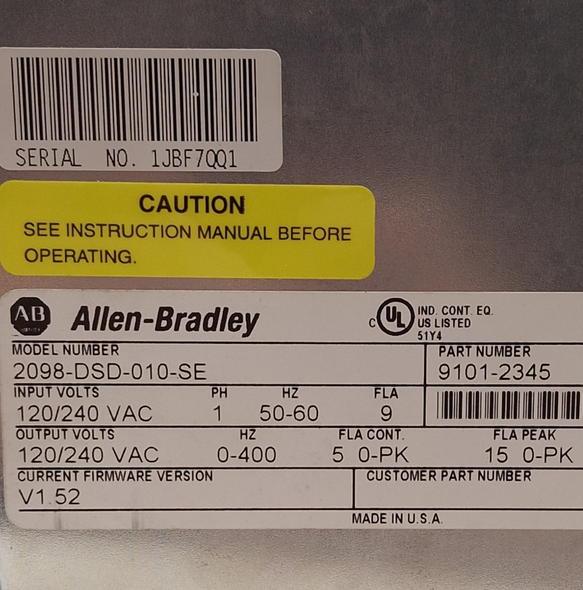 Used Allen Bradley 2098-DSD-010-SE Kinetix Ultra3000 Servo Drive, 120/240VAC 0-400Hz