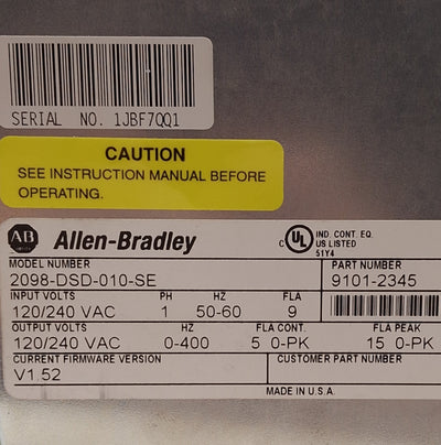 Used Allen Bradley 2098-DSD-010-SE Kinetix Ultra3000 Servo Drive, 120/240VAC 0-400Hz