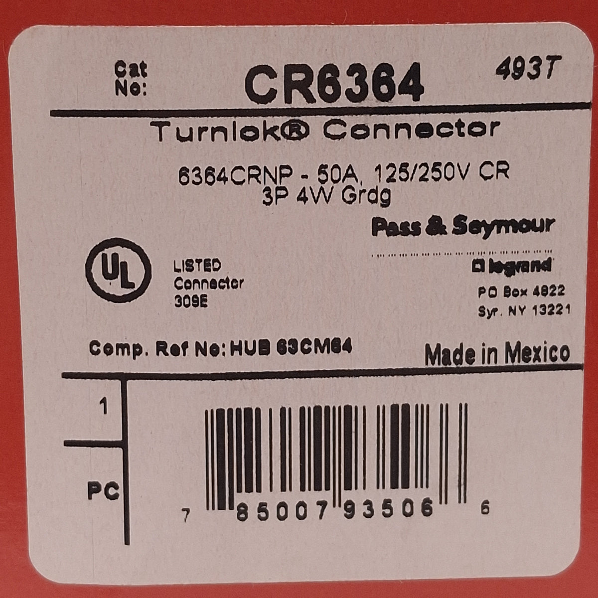 New Legrand CR6464 Corrosion-Resistant Turnlok Connector, 3P 4W, 50A 125/250VAC