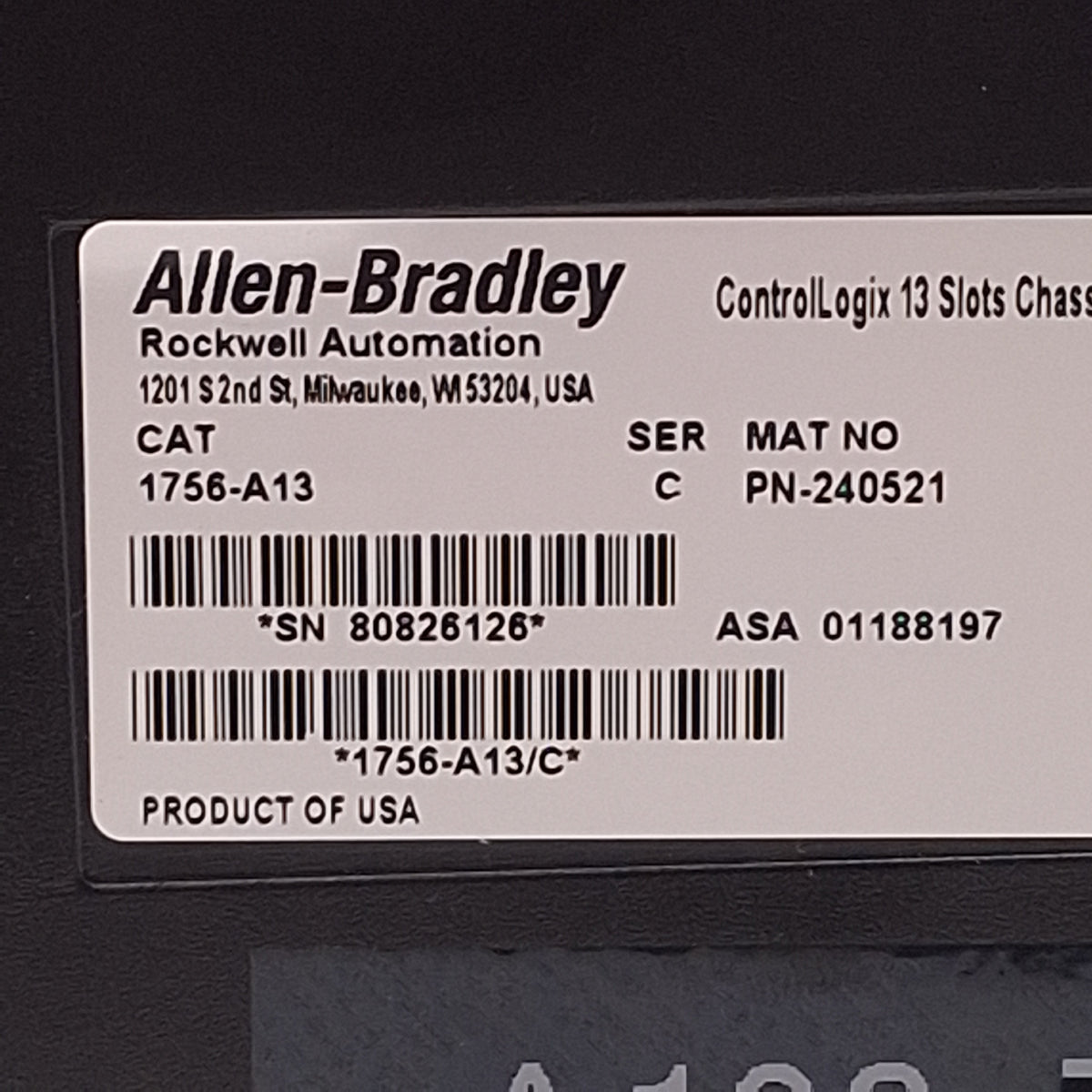 Used Allen Bradley 1756-A13 ControlLogix Chassis 13-Slot, 5.4W, 24VDC, 20 x 32 x 8in