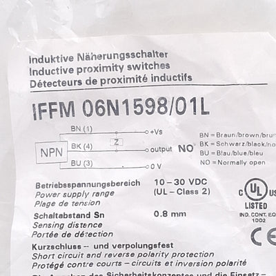 New Baumer Electric IFFM 06N1598/01L Proximity Switch, NPN NO, 0.8mm Range, 10-30VDC